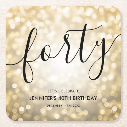 Modern Script Gold Glitter Lights 40e Verjaardag Kartonnen Onderzetters (Voorkant)