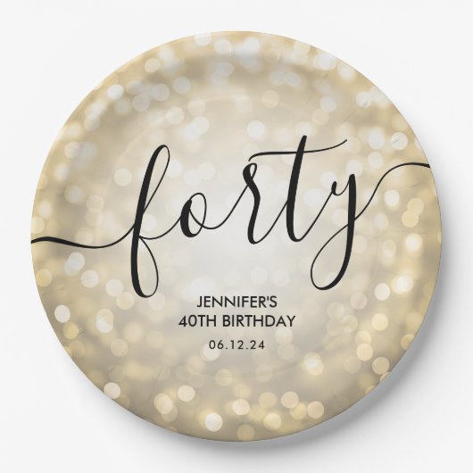Modern Script Gold Glitter Lights 40e Verjaardag Papieren Bordje (Voorkant)