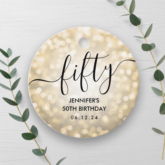 Modern Script Gold Glitter Lights 50ste verjaardag Bedankjes Labels