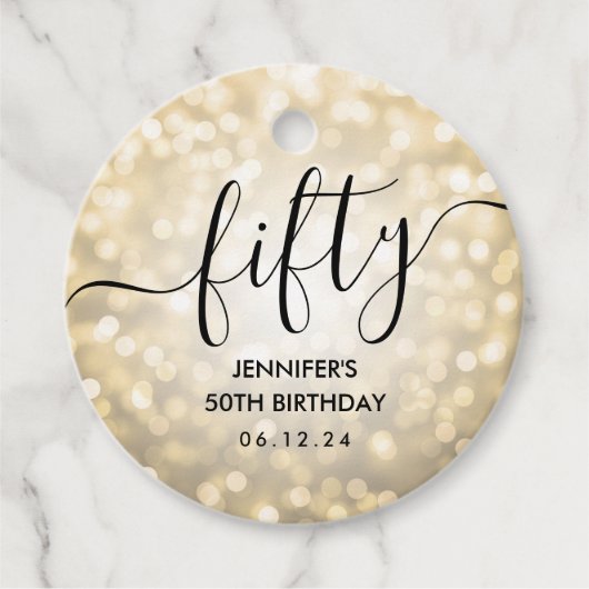 Modern Script Gold Glitter Lights 50ste verjaardag Bedankjes Labels (Voorkant)
