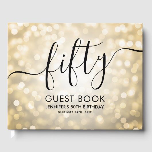 Modern Script Gold Glitter Lights 50ste verjaardag Gastenboek (Voorkant)