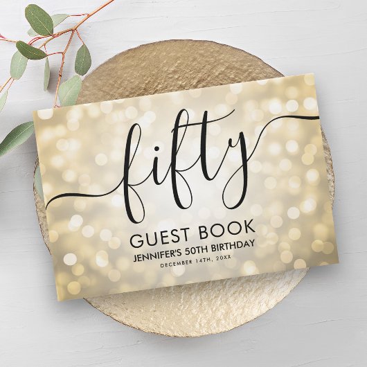 Modern Script Gold Glitter Lights 50ste verjaardag Gastenboek
