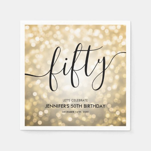Modern Script Gold Glitter Lights 50ste verjaardag Servet (Voorkant)