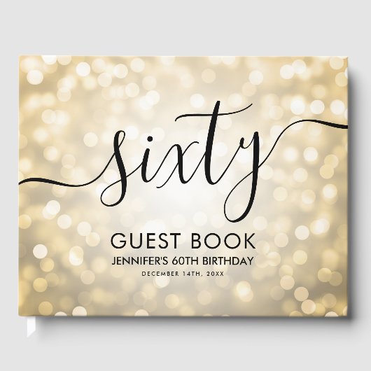 Modern Script Gold Glitter Lights 60ste verjaardag Gastenboek (Voorkant)