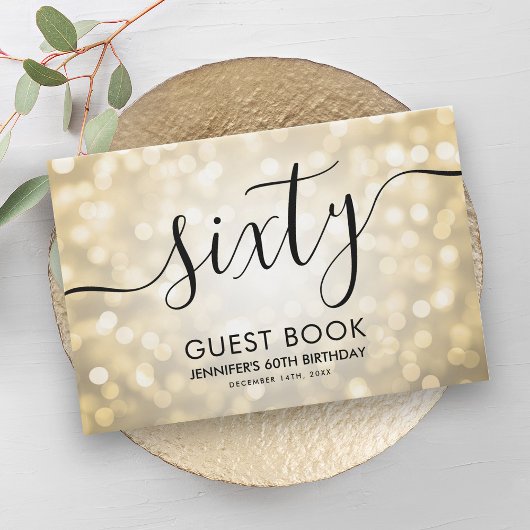 Modern Script Gold Glitter Lights 60ste verjaardag Gastenboek