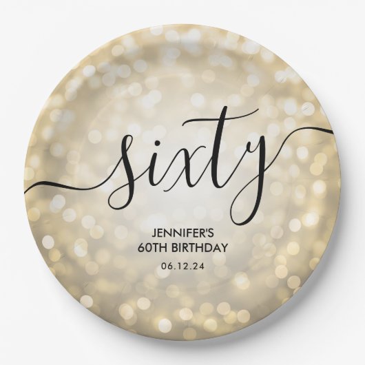 Modern Script Gold Glitter Lights 60ste verjaardag Papieren Bordje (Voorkant)