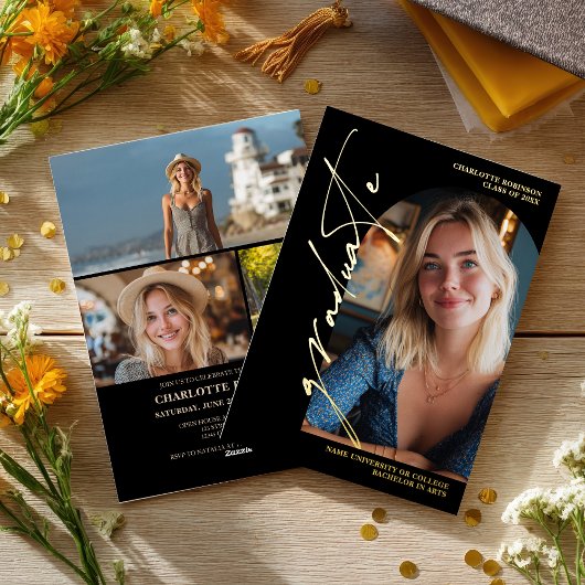 Modern Script gold graduate photo graduation Folie Uitnodiging