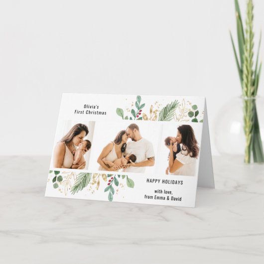 Modern Script Gold Greenery Baby eerste Kerstmis Feestdagen Kaart (Voorkant)