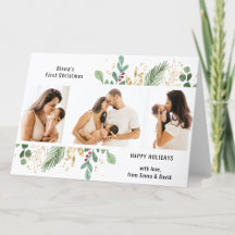 Modern Script Gold Greenery Baby eerste Kerstmis