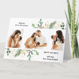 Modern Script Gold Greenery Baby eerste Kerstmis Feestdagen Kaart