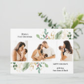 Modern Script Gold Greenery Baby eerste Kerstmis Feestdagenkaart (Staand voorkant)