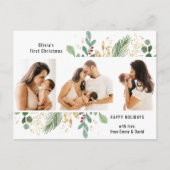 Modern Script Gold Greenery Baby eerste Kerstmis Feestdagenkaart (Voorkant)
