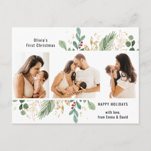 Modern Script Gold Greenery Baby eerste Kerstmis Feestdagenkaart (Voorkant)