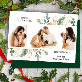Modern Script Gold Greenery Baby eerste Kerstmis Feestdagenkaart