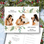 Modern Script Gold Greenery Baby eerste Kerstmis Feestdagenkaart