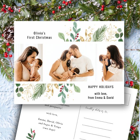 Modern Script Gold Greenery Baby eerste Kerstmis Feestdagenkaart