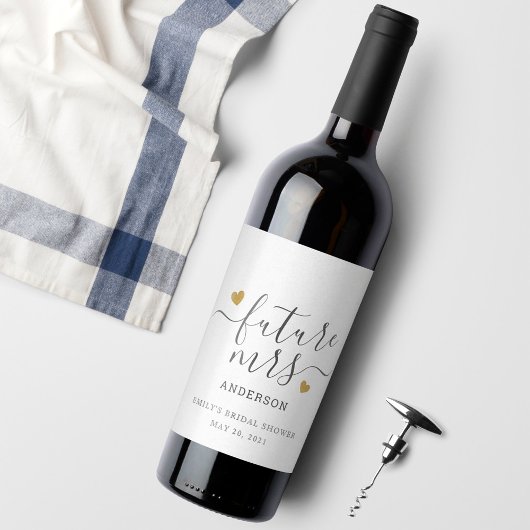 Modern Script Gold Heart Future Mrs. Vrijgezellenf Wijn Etiket