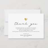 Modern Script Gold Heart Sympathy Thank You Card Bedankkaart (Voorkant)