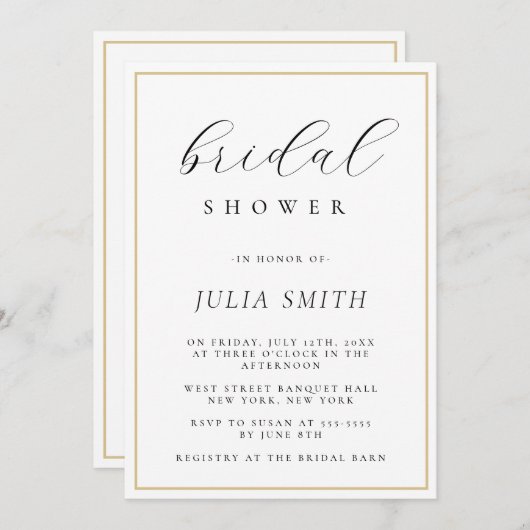 Modern Script Gold Lijst Bridal Shower Invitation Kaart (Voorkant / Achterkant)