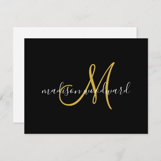 Modern Script Gold Monogram zwart Notitiekaartje (Voorkant / Achterkant)