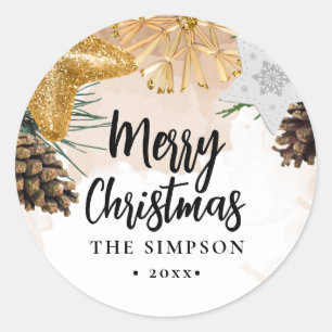 Modern Script Gold Ornament Vrolijk kerstfeest Ronde Sticker