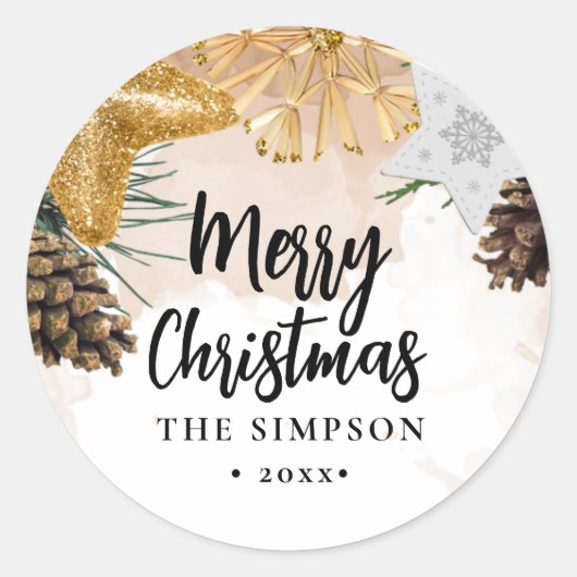 Modern Script Gold Ornament Vrolijk kerstfeest Ronde Sticker (Voorkant)