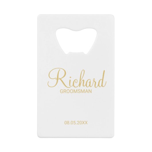 Modern Script Gold Personalized Groomsman Creditkaart Flessenopener (Voorkant)