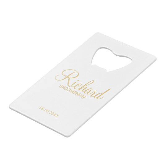 Modern Script Gold Personalized Groomsman Creditkaart Flessenopener (Voorkant Gekanteld)