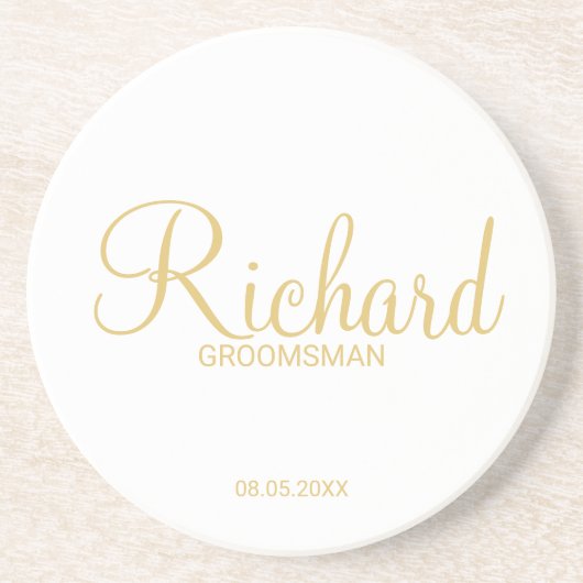 Modern Script Gold Personalized Groomsman Zandsteen Onderzetter (Voorkant)