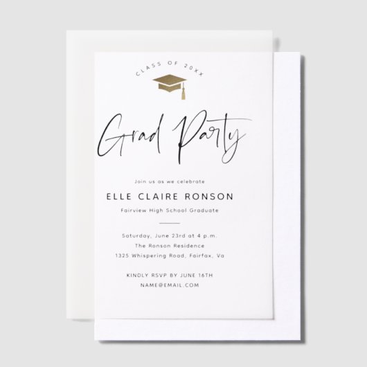 Modern Script Gold Pet Graduation Party Vellum Uitnodigingen (Offset)