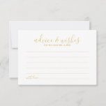 Modern Script Gold Wedding Advice en wenst Kaart<br><div class="desc">Voeg een persoonlijke aanraking toe aan uw bruiloft met een modern trouwadvies en een wenskaart. Deze advieskaart is voorzien van een titel in de gouden moderne lettertypestijl voor calligrafie en van details in de gouden moderne sans serif lettertypestijl op een witte achtergrond. Ideaal voor bruiloft, baby shower, verjaardagsfeest, vrijgezellenfeest, bachelorette...</div>