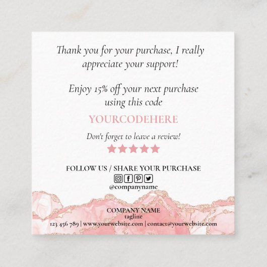 modern script gooit roze hart bedankt voor je opdr vierkante visitekaartje (Achterkant)