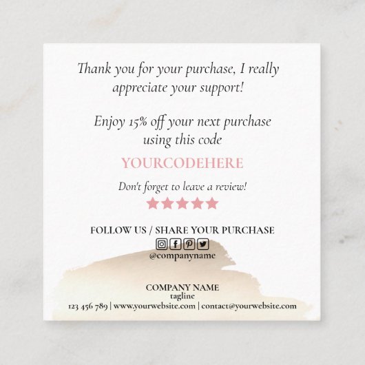 modern script gooit roze hart bedankt voor je opdr vierkante visitekaartje (Achterkant)