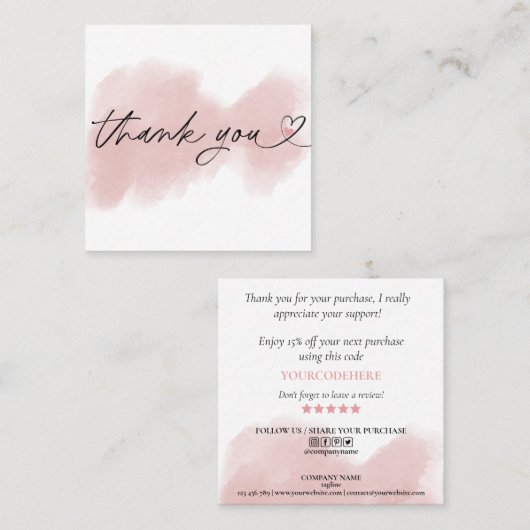 modern script gooit roze hart bedankt voor je opdr vierkante visitekaartje (Voorkant / Achterkant)