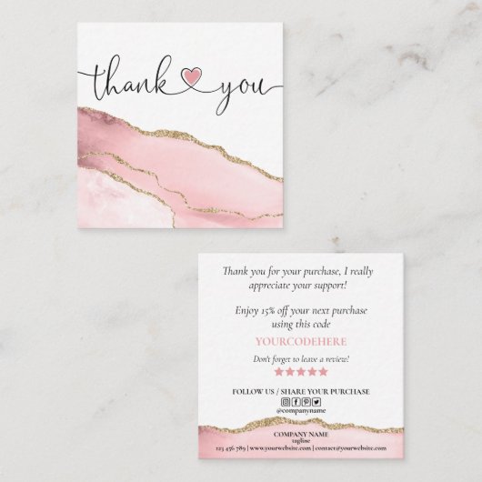 modern script gooit roze hart bedankt voor je opdr vierkante visitekaartje (Voorkant / Achterkant)