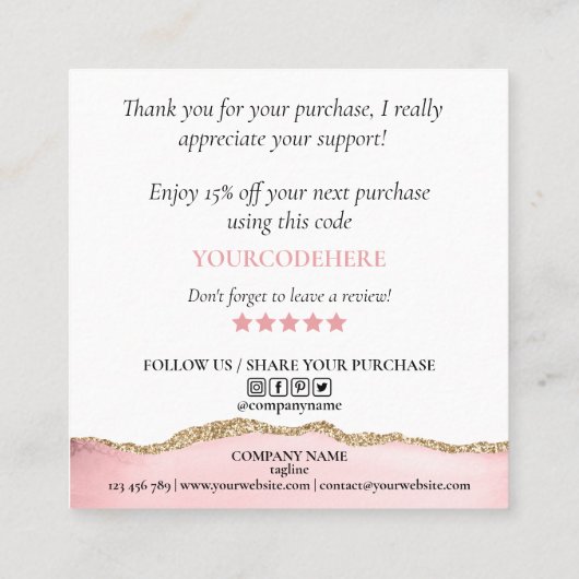 modern script gooit roze hart bedankt voor je opdr vierkante visitekaartje (Achterkant)