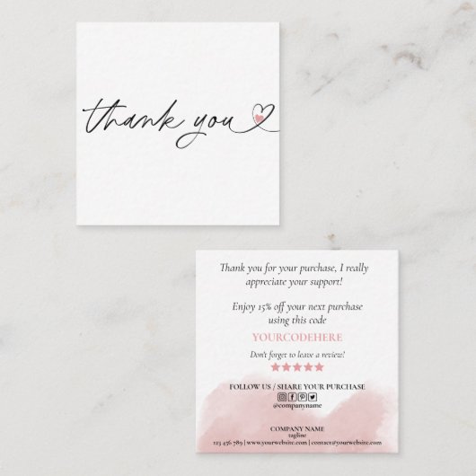 modern script gooit roze hart bedankt voor je opdr vierkante visitekaartje (Voorkant / Achterkant)