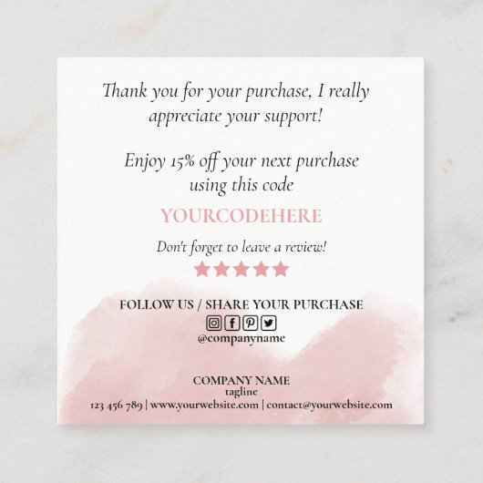 modern script gooit roze hart bedankt voor je opdr vierkante visitekaartje (Achterkant)