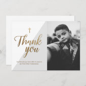 Modern Script Goud Cross Grey Jongen Eerste Commun Bedankkaart (Voorkant / Achterkant)