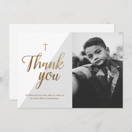 Modern Script Goud Cross Grey Jongen Eerste Commun Bedankkaart (Voorkant / Achterkant)