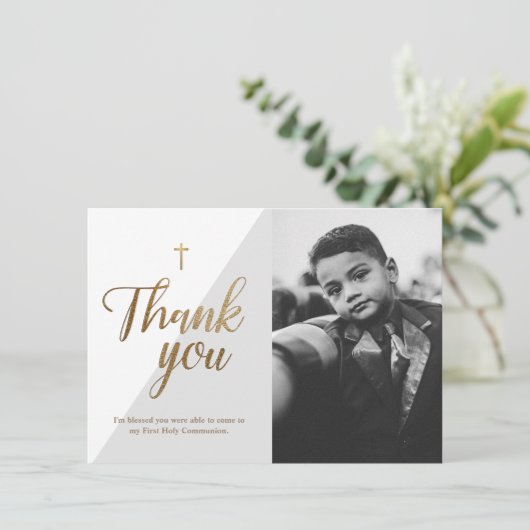 Modern Script Goud Cross Grey Jongen Eerste Commun Bedankkaart (Staand voorkant)