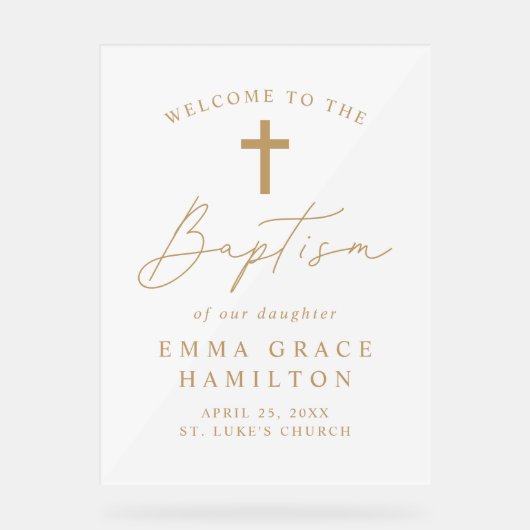 Modern Script Goud Script Baptisme Welkom Acryl Bord (Voorkant)