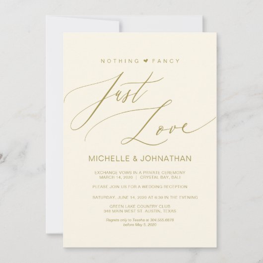 Modern script, goud, trouwontvluchting receptie kaart (Voorkant)