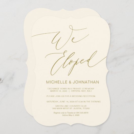 Modern script, goud, Trouwreceptie na ontvluchten Kaart (Voorkant / Achterkant)