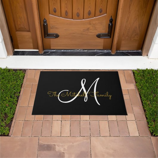 Modern Script Goud Wit Monogram Familienaam Deurmat (Buiten)