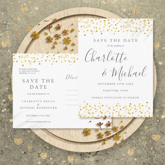 Modern Script Gouden Hartjes Confetti Save the Dat Aankondigingskaart