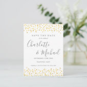 Modern Script Gouden Hartjes Confetti Save the Dat Aankondigingskaart (Staand voorkant)