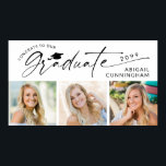 Modern Script Graduate 3 Photos Graduation Party Poster<br><div class="desc">Congratulate your graduate on their milestone achievement with this custom color poster featuring featuring three photos, modern script typography for the title "Congrats to Our Graduate" and personalized with his or her name and class year. Ideal for displaying at a graduation party, open house or reception. Frame it and display...</div>
