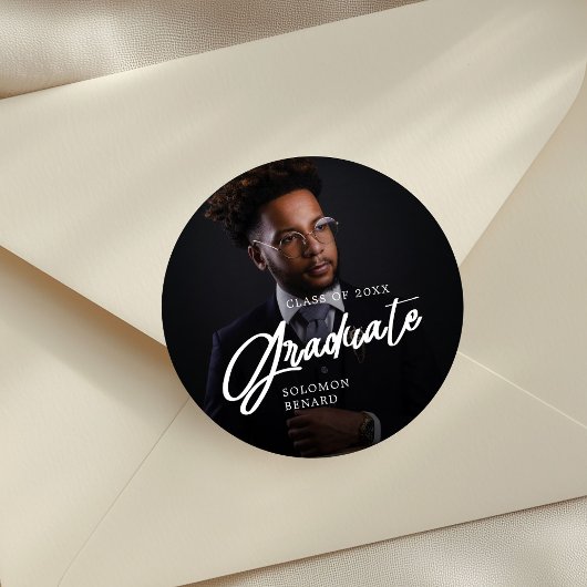 Modern Script Graduate Photo Graduation Ronde Sticker