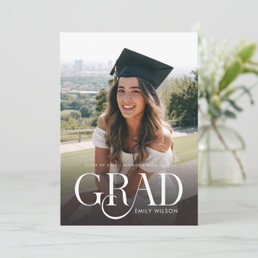 Modern Script Graduate Simple Two Photo Graduation Aankondiging (Staand voorkant)